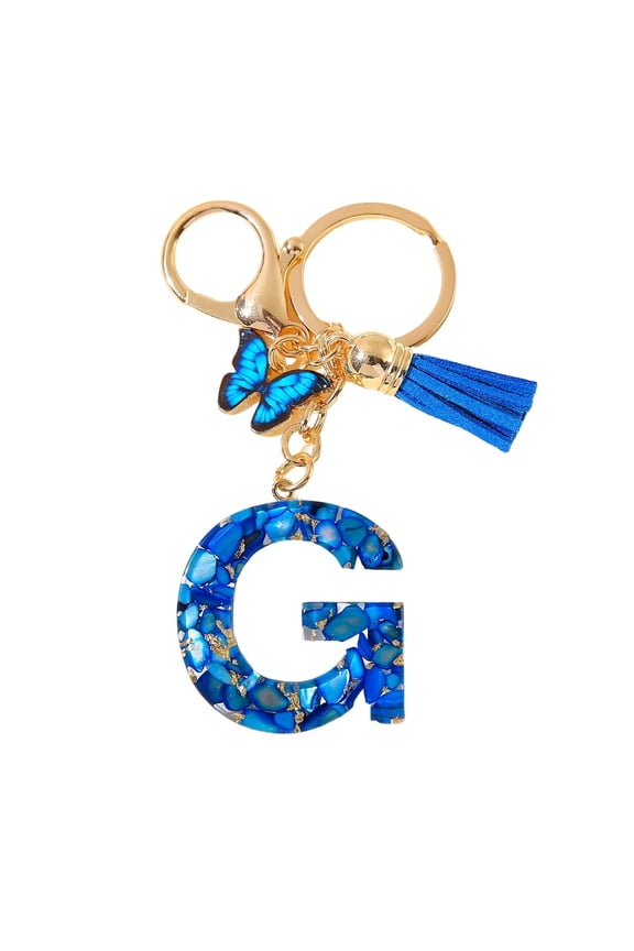 Blue Stone Butterfly Tassel A-Z Alphabet Resin Keychain, Initial Letter Key Ring Accessories Bag Charms