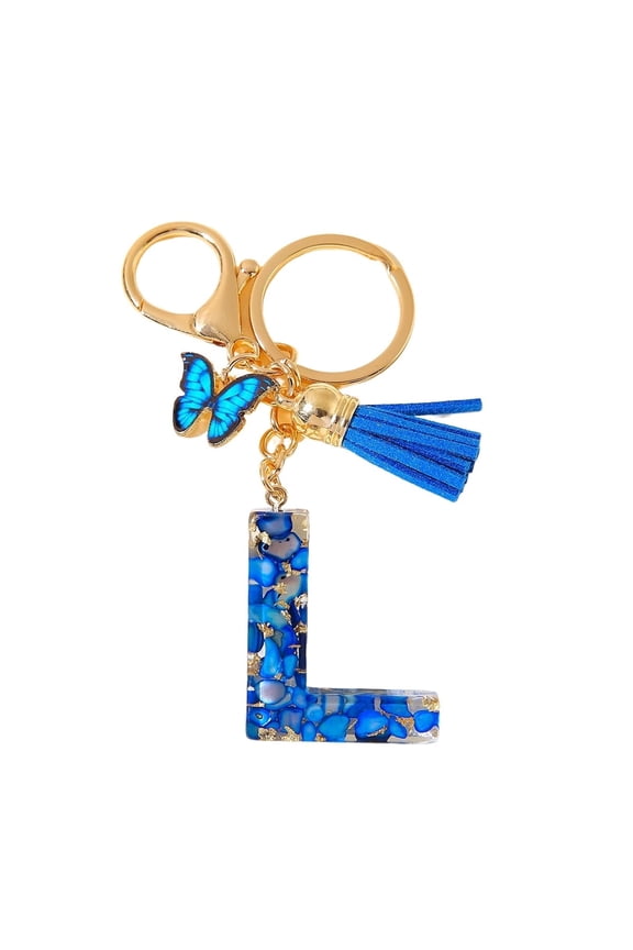 Blue Stone Butterfly Tassel Alphabet Resin Keychain, Initial Letter Key Ring Accessories Bag Charms