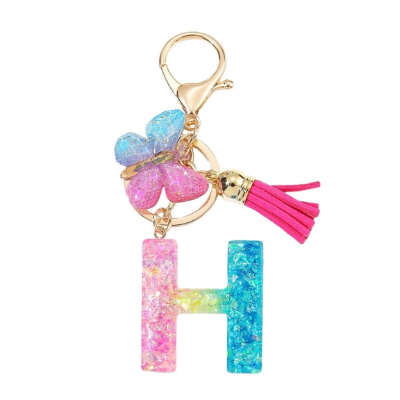 Gierzijia Color Sequins Butterfly Tassel A-Z Alphabet Resin Keychain, Initial Letter Key Ring Accessories Bag Charms