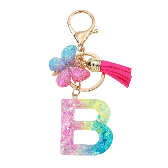 Gierzijia Color Sequins Butterfly Tassel A-Z Alphabet Resin Keychain, Initial Letter Key Ring Accessories Bag Charms