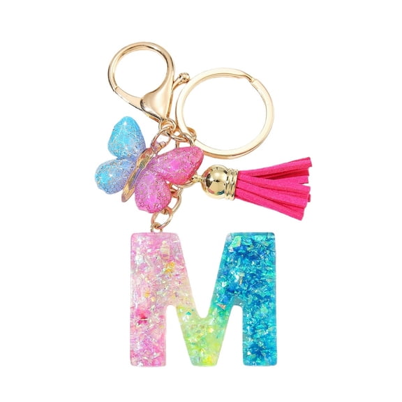 Gierzijia Color Sequins Butterfly Tassel A-Z Alphabet Resin Keychain, Initial Letter Key Ring Accessories Bag Charms
