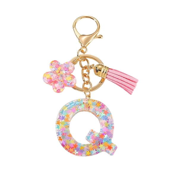 Gierzijia Color Star Sequins Flower Tassel A-Z Alphabet Resin Keychain, Initial Letter Key Ring Accessories Bag Charms