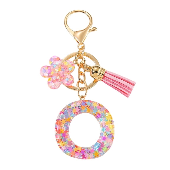 Gierzijia Color Star Sequins Flower Tassel A-Z Alphabet Resin Keychain, Initial Letter Key Ring Accessories Bag Charms