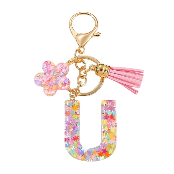 Gierzijia Color Star Sequins Flower Tassel A-Z Alphabet Resin Keychain, Initial Letter Key Ring Accessories Bag Charms