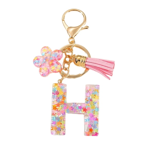 Gierzijia Color Star Sequins Flower Tassel A-Z Alphabet Resin Keychain, Initial Letter Key Ring Accessories Bag Charms