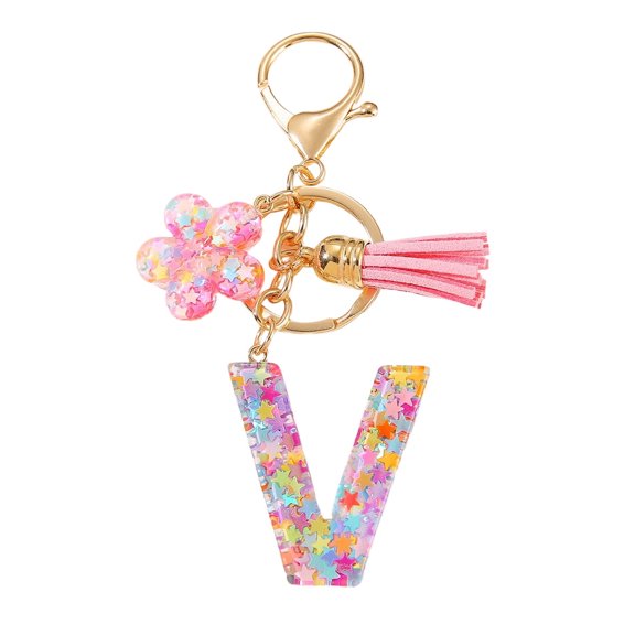 Gierzijia Color Star Sequins Flower Tassel A-Z Alphabet Resin Keychain, Initial Letter Key Ring Accessories Bag Charms