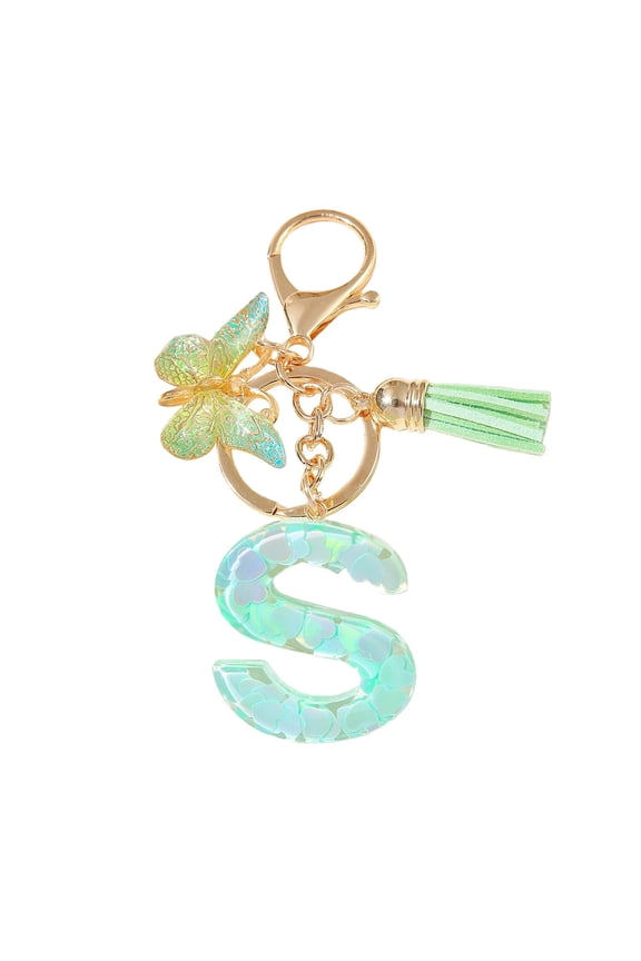 Green Heart Sequins Butterfly Tassel A-Z Alphabet Resin Keychain, Initial Letter Key Ring Accessories Bag Charms