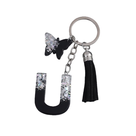 Gierzijia Grey Sequins Black Butterfly A-Z Alphabet Resin Keychain for Women,Initial Letter Key Ring Accessories Bag Charms
