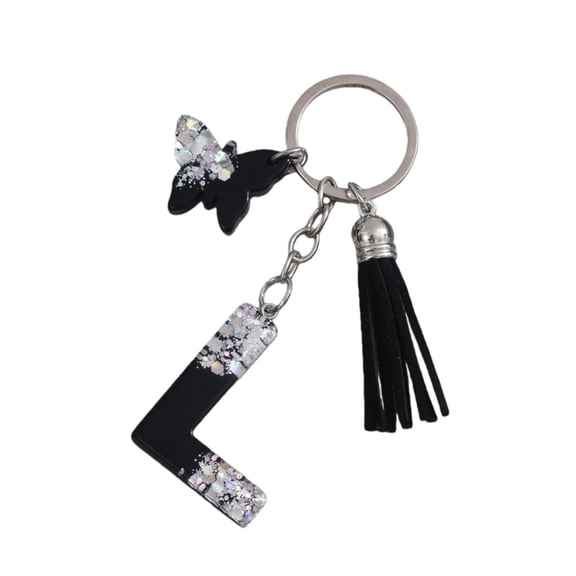 Gierzijia Grey Sequins Black Butterfly A-Z Alphabet Resin Keychain for Women,Initial Letter Key Ring Accessories Bag Charms