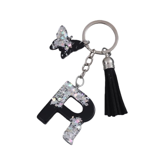 Gierzijia Grey Sequins Black Butterfly A-Z Alphabet Resin Keychain for Women,Initial Letter Key Ring Accessories Bag Charms