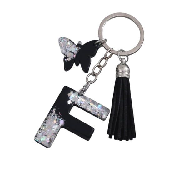 Gierzijia Grey Sequins Black Butterfly A-Z Alphabet Resin Keychain for Women,Initial Letter Key Ring Accessories Bag Charms
