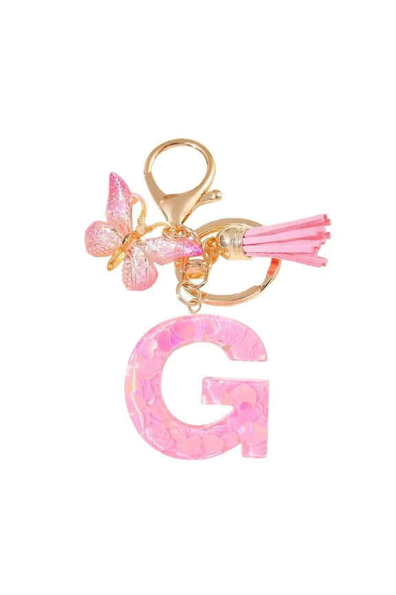 Pink Heart Sequins Butterfly Tassel A-Z Alphabet Resin Keychain, Initial Letter Key Ring Accessories Bag Charms