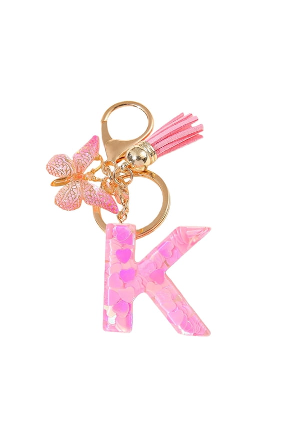 Pink Heart Sequins Butterfly Tassel A-Z Alphabet Resin Keychain, Initial Letter Key Ring Accessories Bag Charms