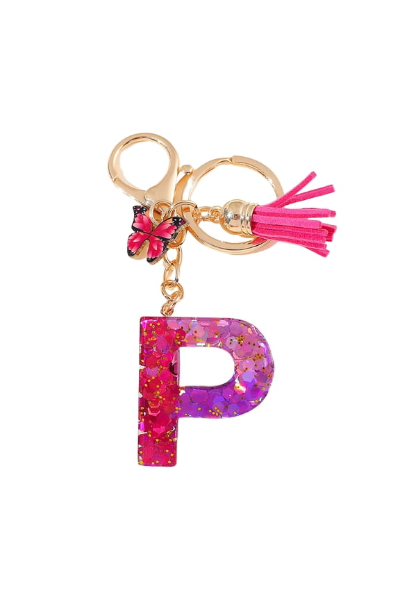 Purple Sequins Butterfly Tassel A-Z Alphabet Resin Keychain, Initial Letter Key Ring Accessories Bag Charms