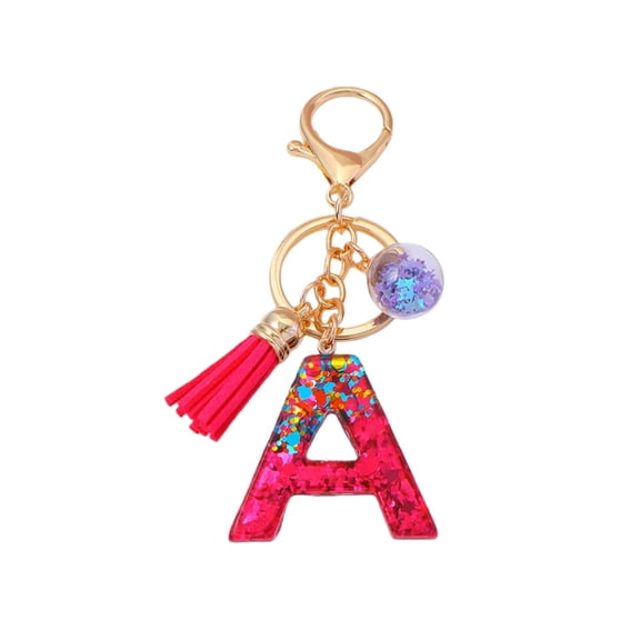 Gierzijia Red Sequins Ball Tassel A-Z Alphabet Resin Keychain for Women, Initial Letter Key Ring Accessories Bag Charms