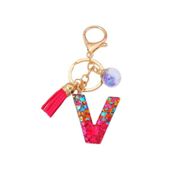 Gierzijia Red Sequins Ball Tassel A-Z Alphabet Resin Keychain for Women, Initial Letter Key Ring Accessories Bag Charms