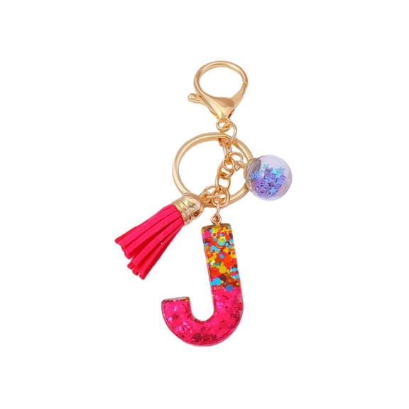 Gierzijia Red Sequins Ball Tassel A-Z Alphabet Resin Keychain for Women, Initial Letter Key Ring Accessories Bag Charms