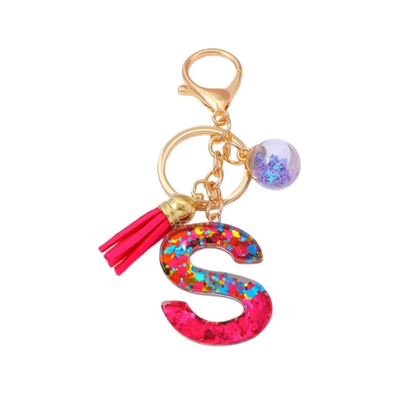 Gierzijia Red Sequins Ball Tassel A-Z Alphabet Resin Keychain for Women, Initial Letter Key Ring Accessories Bag Charms