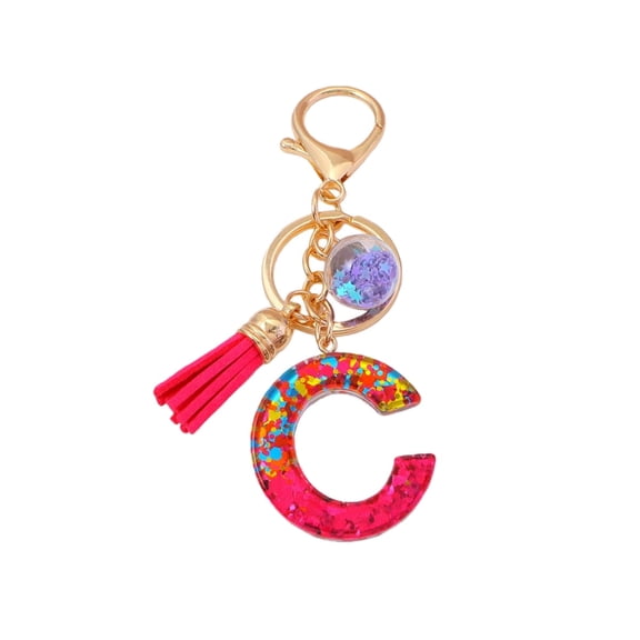 Gierzijia Red Sequins Ball Tassel A-Z Alphabet Resin Keychain for Women, Initial Letter Key Ring Accessories Bag Charms