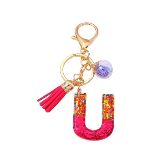 Gierzijia Red Sequins Ball Tassel A-Z Alphabet Resin Keychain for Women, Initial Letter Key Ring Accessories Bag Charms