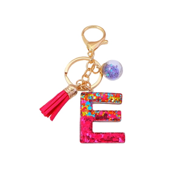 Gierzijia Red Sequins Ball Tassel A-Z Alphabet Resin Keychain for Women, Initial Letter Key Ring Accessories Bag Charms