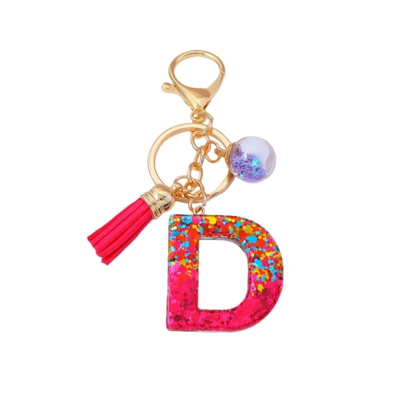 Gierzijia Red Sequins Ball Tassel A-Z Alphabet Resin Keychain for Women, Initial Letter Key Ring Accessories Bag Charms