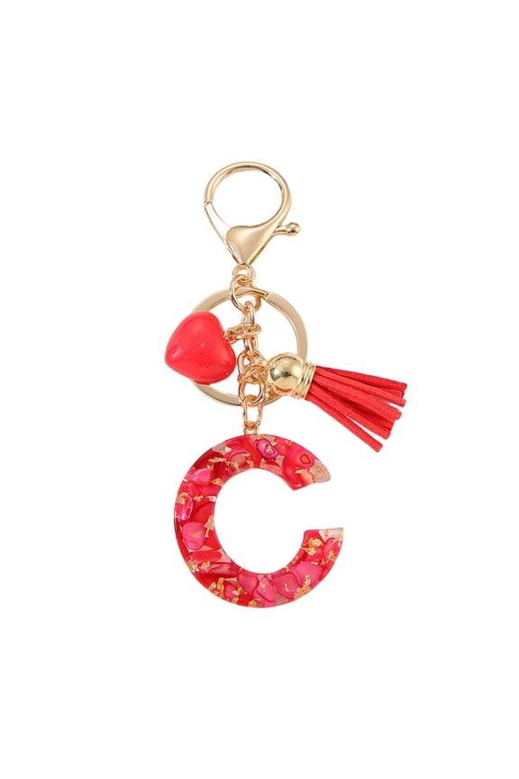 Red Stone Love Tassel A-Z Alphabet Resin Keychain, Initial Letter Key Ring Accessories Bag Charms