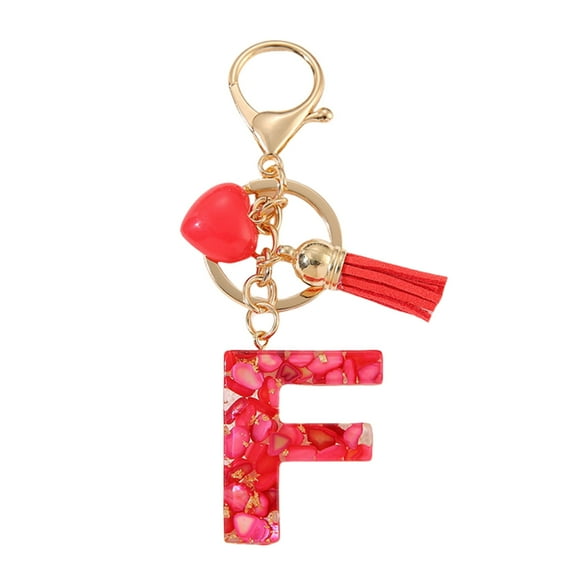 Gierzijia Red Stone Love Tassel A-Z Alphabet Resin Keychain, Initial Letter Key Ring Accessories Bag Charms