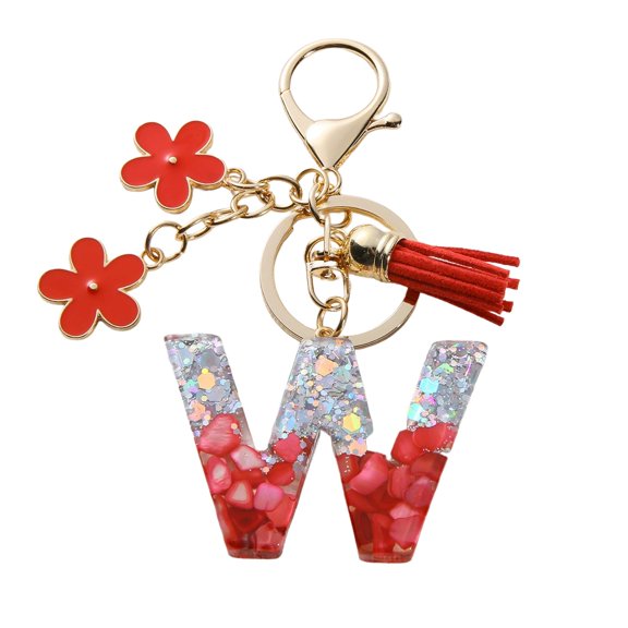 Gierzijia Red Stone Sequins Flower Tassel A-Z Alphabet Resin Keychain, Initial Letter Key Ring Accessories Bag Charms