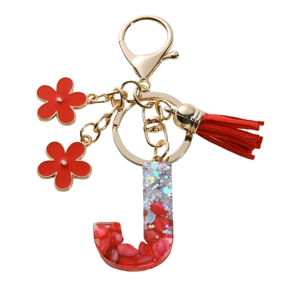 Gierzijia Red Stone Sequins Flower Tassel A-Z Alphabet Resin Keychain, Initial Letter Key Ring Accessories Bag Charms
