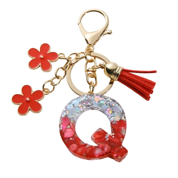 Gierzijia Red Stone Sequins Flower Tassel A-Z Alphabet Resin Keychain, Initial Letter Key Ring Accessories Bag Charms