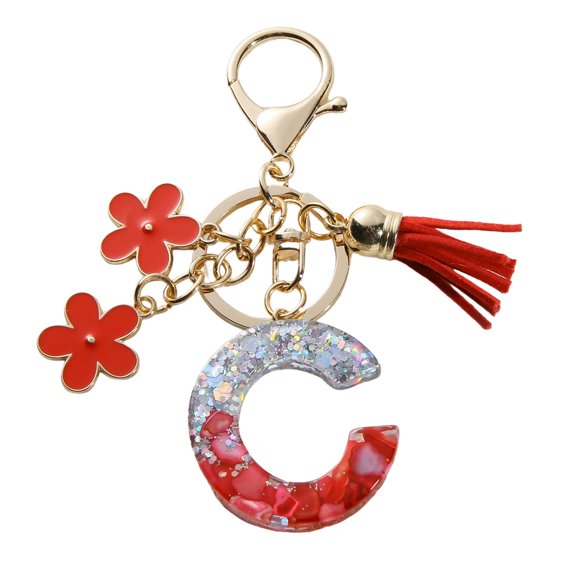 Gierzijia Red Stone Sequins Flower Tassel A-Z Alphabet Resin Keychain, Initial Letter Key Ring Accessories Bag Charms
