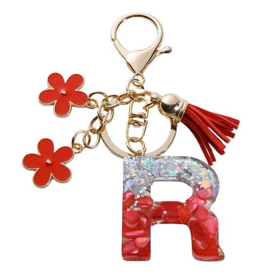 Gierzijia Red Stone Sequins Flower Tassel A-Z Alphabet Resin Keychain, Initial Letter Key Ring Accessories Bag Charms