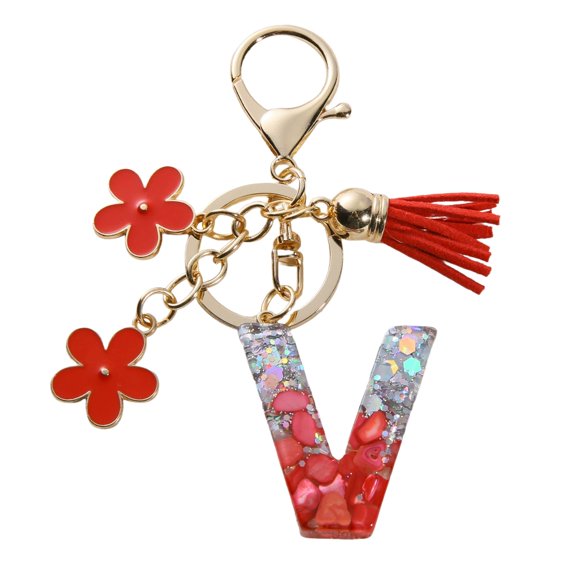 Gierzijia Red Stone Sequins Flower Tassel A-Z Alphabet Resin Keychain, Initial Letter Key Ring Accessories Bag Charms