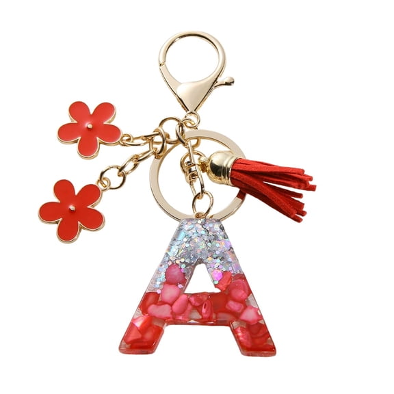 Gierzijia Red Stone Sequins Flower Tassel A-Z Alphabet Resin Keychain, Initial Letter Key Ring Accessories Bag Charms