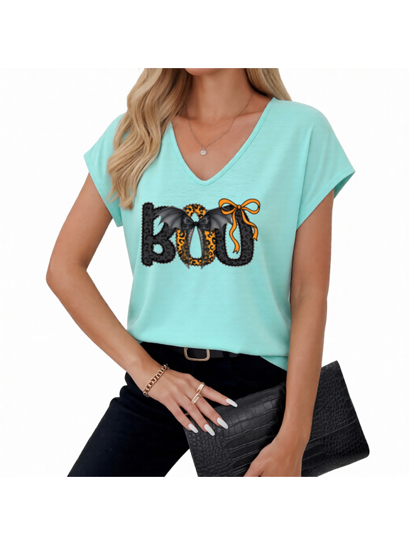 BOO Leopard Bat Bow Graphic Tee Playful V Neck Tank Top Halloween Party Sleeveless Style Festive