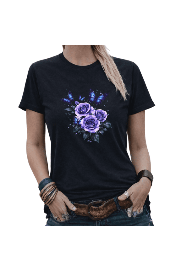Casual Flower Womens Print Tshirt Graphic Tees White/Black S-5XL Tops
