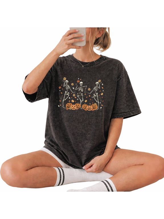 Halloween Skeleton Pumpkin Vintage Acid Wash Casual Tee Short Sleeve Crewneck Top