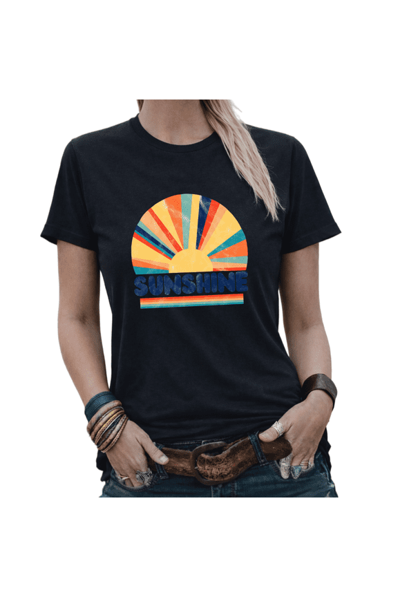 Retro Sunshine Womens Print Tshirt Graphic Tees White/Black S-5XL Tops