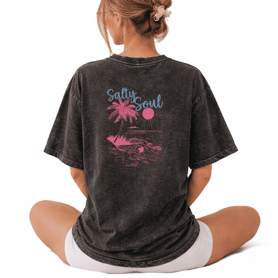 Giffimy Salty Soul Beach Palm Tree Ocean Wash Print Tshirt S-2XL Washed Black Graphic Tees Casual Shirts for Beach Lover Tops
