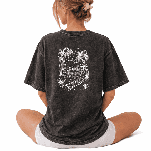 Giffimy Salty Soul Beach Palm Tree Ocean Wash Print Tshirt S-2XL Washed Black Graphic Tees Casual Shirts for Beach Lover Tops