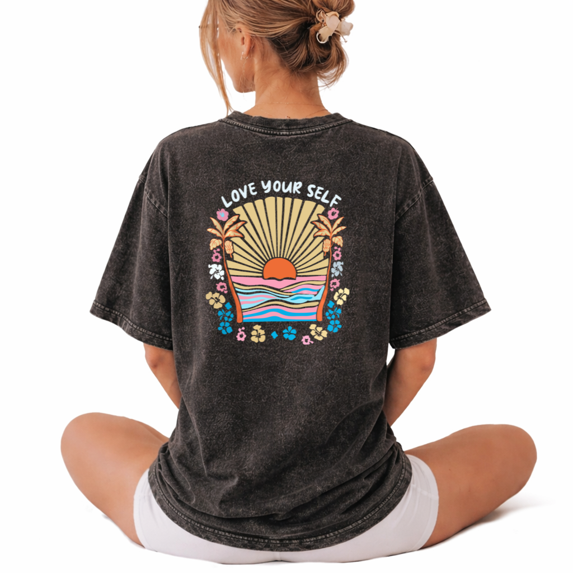 Giffimy Salty Soul Beach Palm Tree Ocean Wash Print Tshirt S-2XL Washed Black Graphic Tees Casual Shirts for Beach Lover Tops