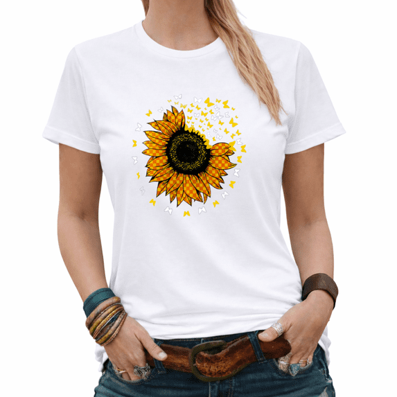 Giffimy Sunflower Butterfly Womens Print Tshirt Graphic Tees White/Black S-5XL Tops