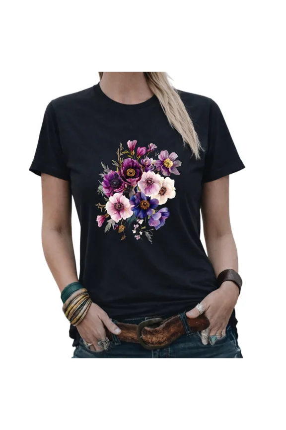 Unisex Dark Tone Botanical Anemone Floral Cluster Printed Short Sleeve T-Shirt Plush Cotton Crew Neck Boxy Fit Nature Outdoor Black Casual Tee