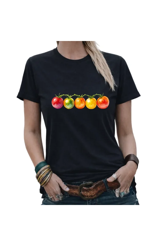 Unisex Multicolor Tomato Row Graphic Short Sleeve T-Shirt Black Relaxed Fit Cotton Everyday Top