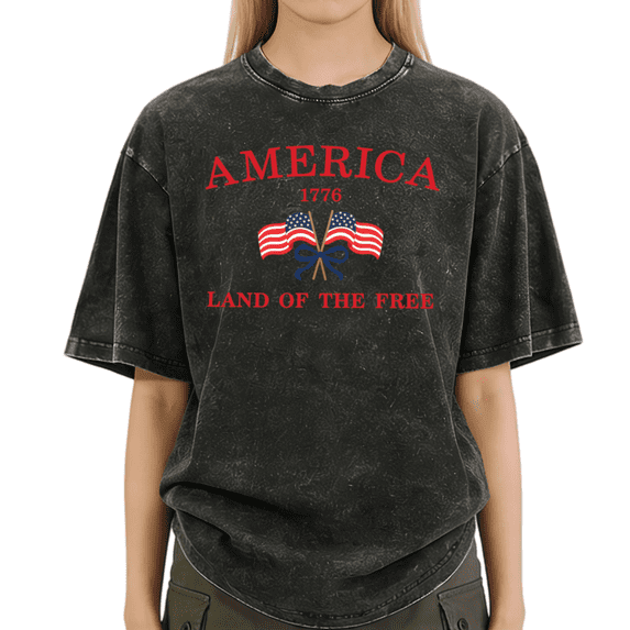 Giffimy Woman Vintage Washed 4th of July USA Flag Bow 1776 T-Shirt Short Sleeve S-2XL Oversized Summer Tee