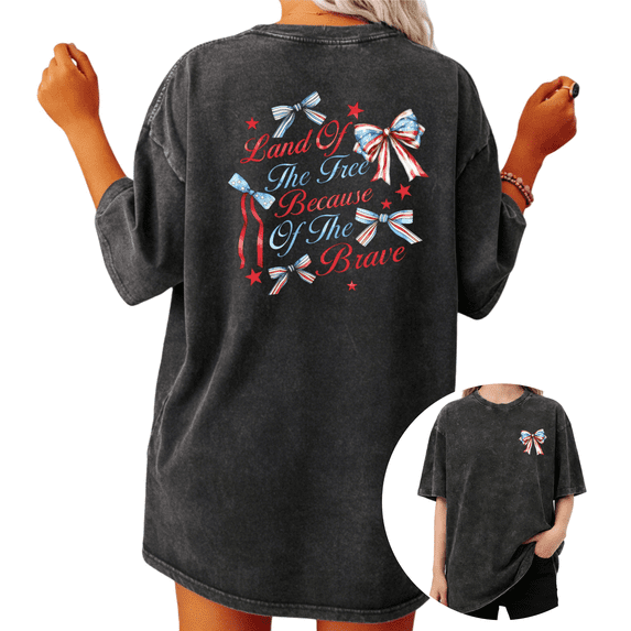 Giffimy Woman Vintage Washed USA Patriotic Bow Front Back Print Graphic T-Shirt Short Sleeve S-2XL Fashion Tee