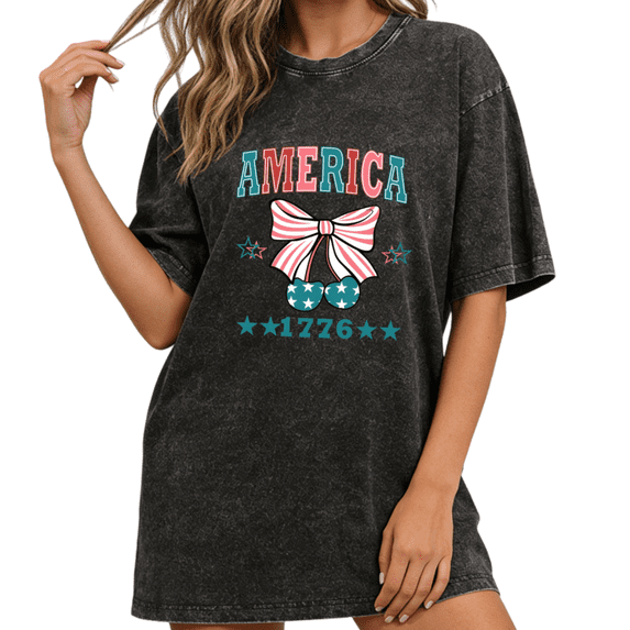 Giffimy Women 1776 America Bow Vintage Washed T-Shirt Short Sleeve Fit Black S-2XL