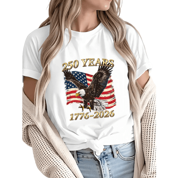 Giffimy Women 250 Years 1776-2026 Patriotic Eagle American Flag Graphic Short Sleeve T-Shirt Casual Cotton Crewneck Top White S-5XL