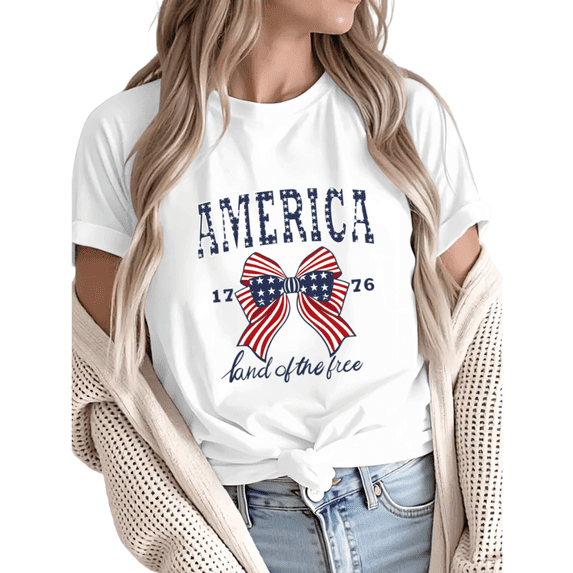 Giffimy Women 4th of July 1776 America Land of the Free Bow Graphic Short Sleeve T-Shirt Casual Cotton Crewneck Top White S-5XL